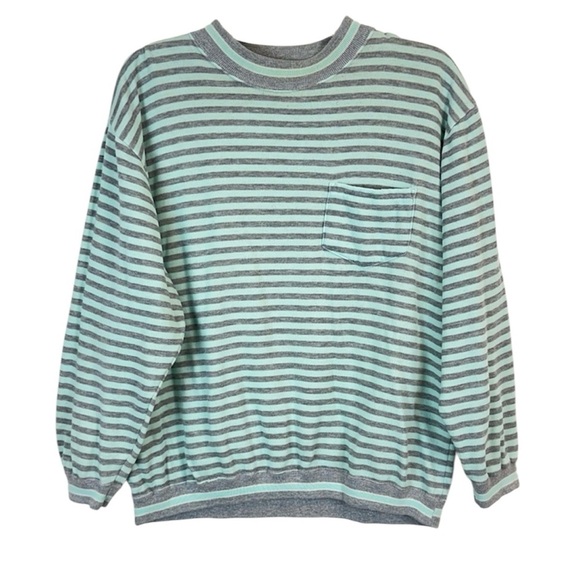 Vintage 80’s Pastel Mint Green Stripe Fairy Kei Kawaii Sweatshirt Size L - Picture 1 of 10
